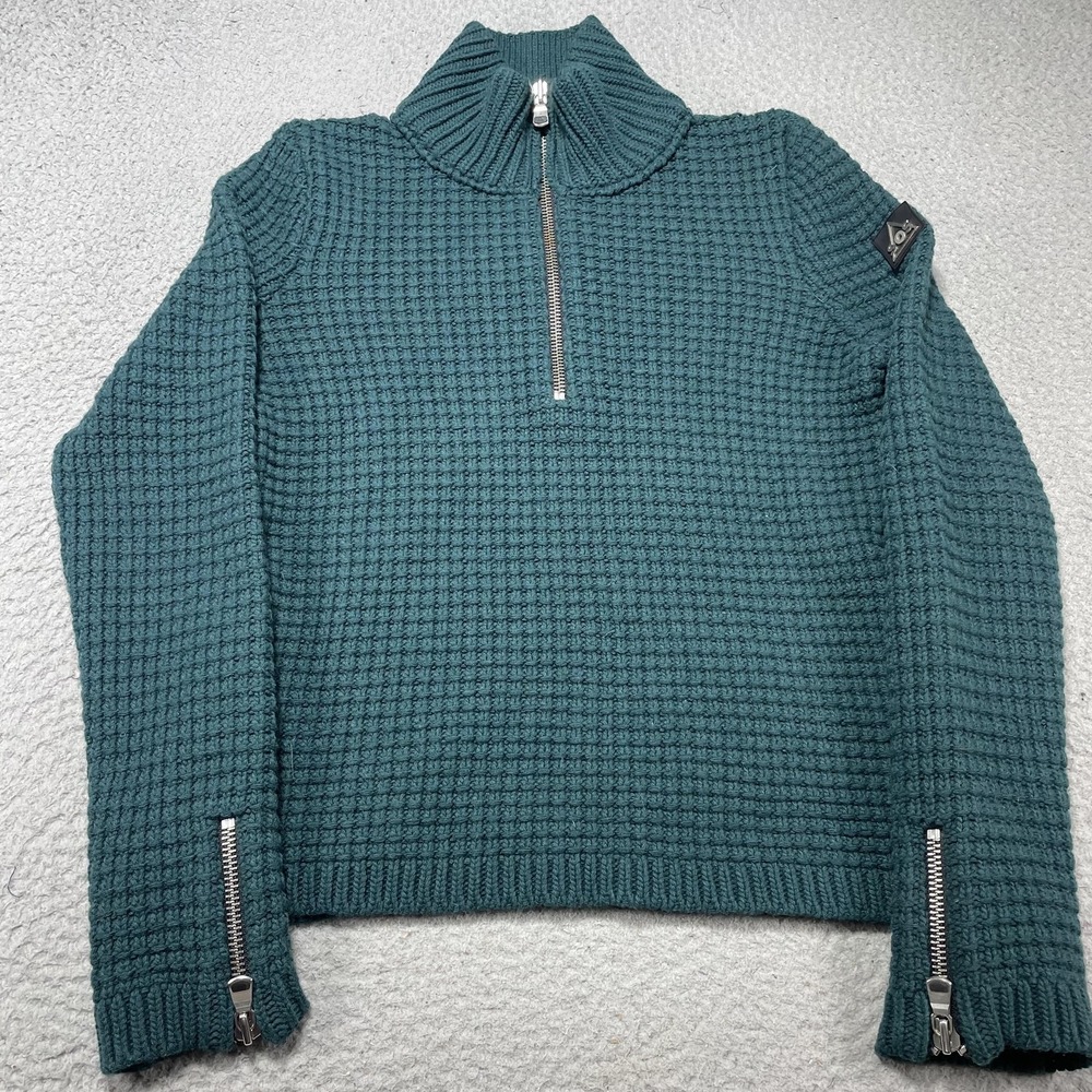 SOS Black Snow Sweater Womens Small Green Waffle Knit 1/4 Zip Pullover Italy Ski
